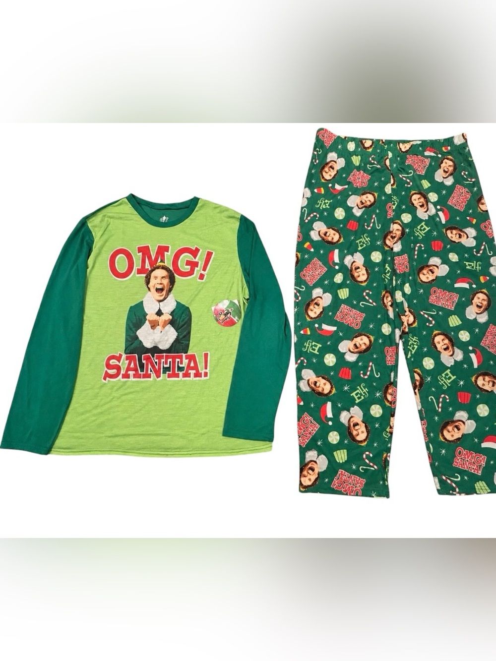 ELF "OMG! Santa!" Green Holiday Christmas Men’s  Pajama Set XL NWT Shirt Pants‎